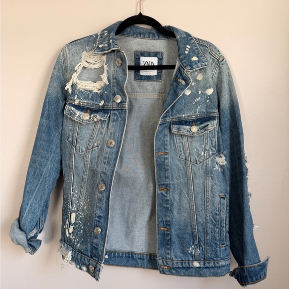 Zara Jackets & Blazers - Zara Distressed Denim Jacket Bleach Splatter Cropped Size Small